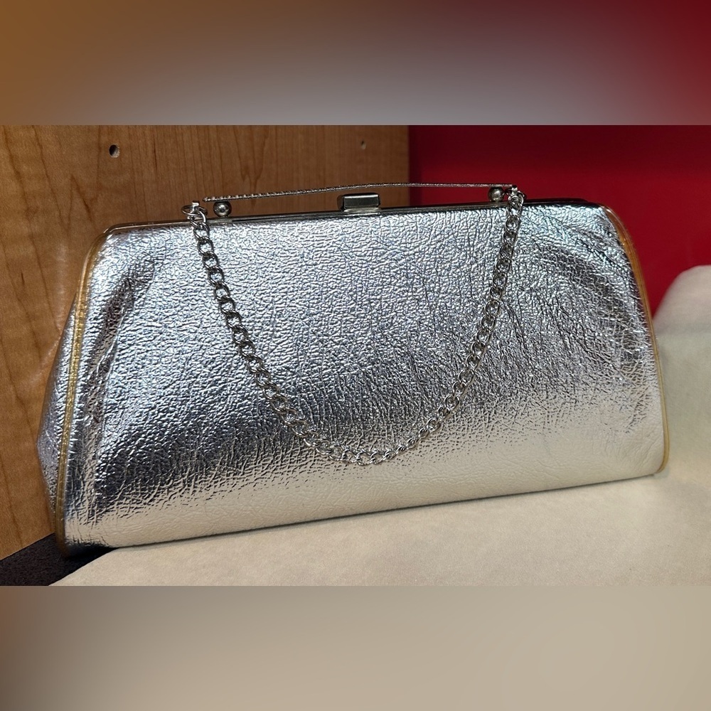 Vintage Silver With Gold Trim Faux Leather Clutch Handbag Structured Metal Clasp